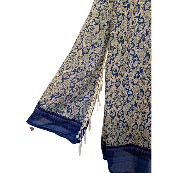 Umgee Blue Boho Shift Dress Open Fringe Sleeves Lined Paisley Print L Fall Boho - Picture 9 of 11